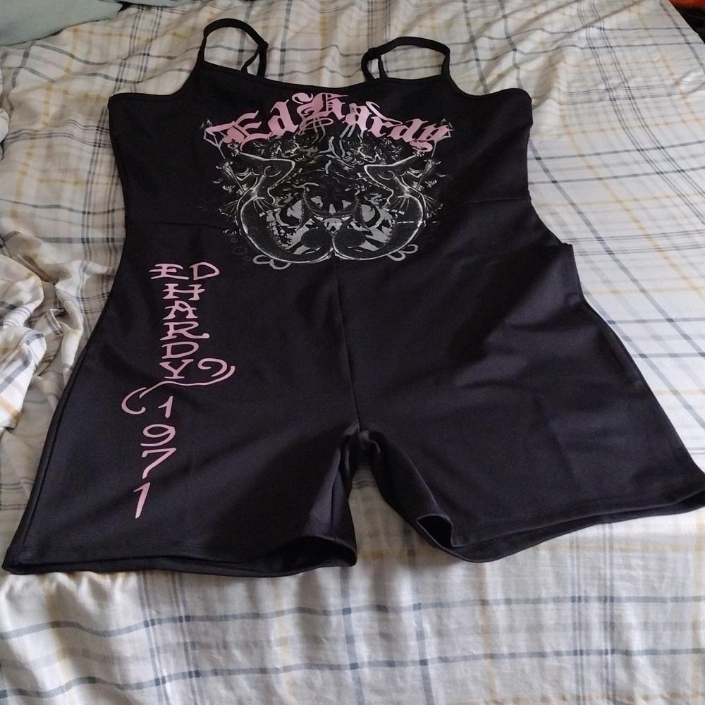 Ed Hardy Black One-Piece Romper with Pink Graphic